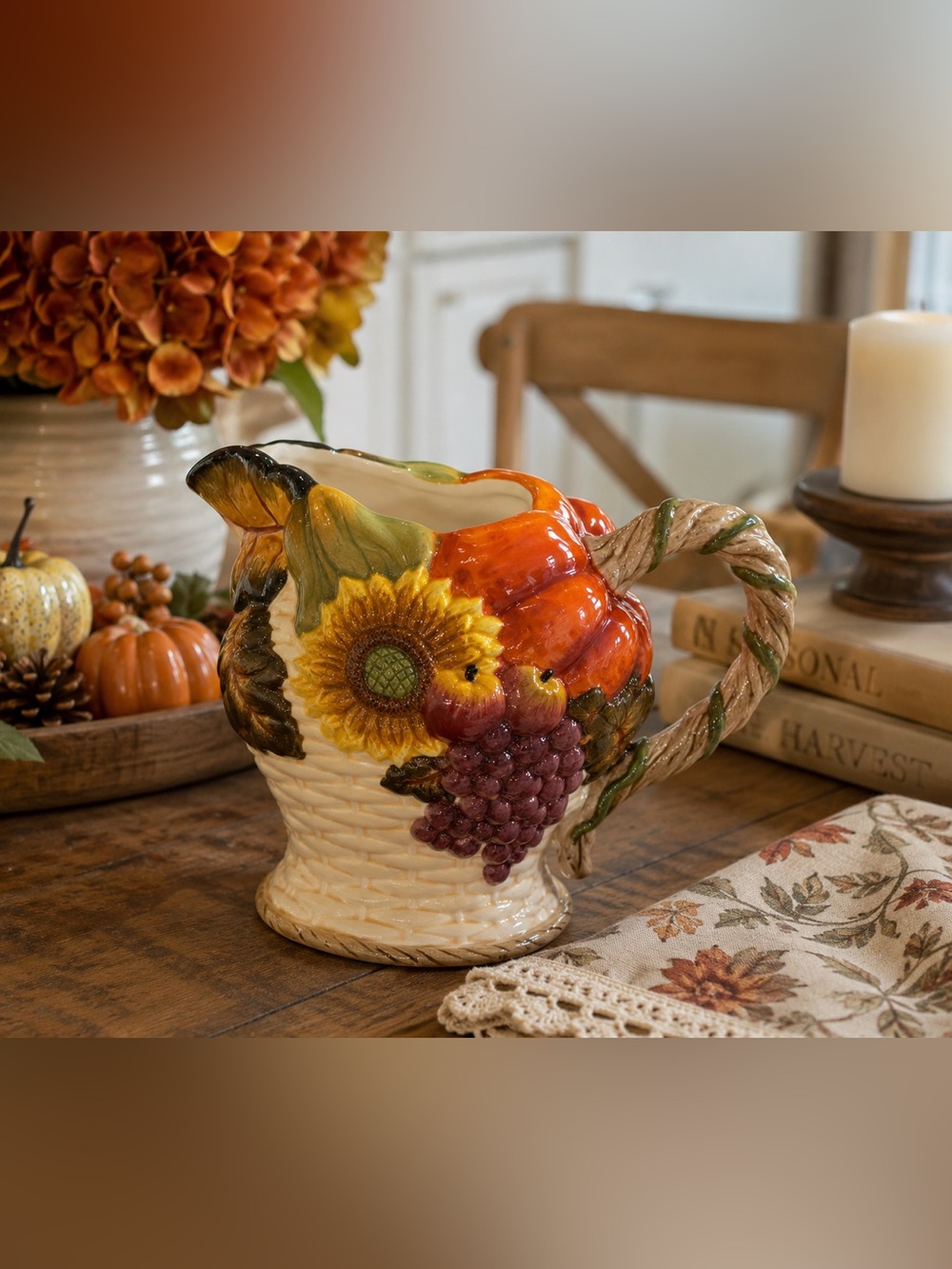 Bella Casa Ganz Harvest Pitcher Pumpkin Sunflower Grapes Fall Decor